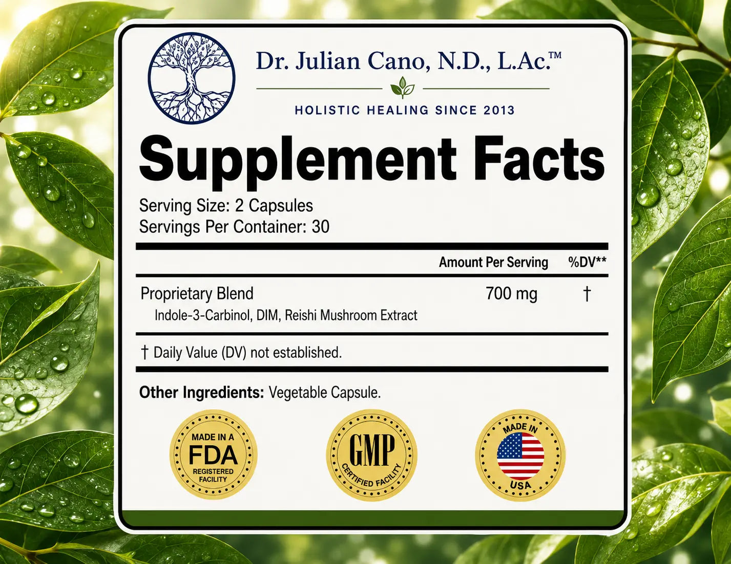 Estro-Detox Px3 supplement facts showing DIM (diindolylmethane) dosage — by Dr. Julian Cano N.D.