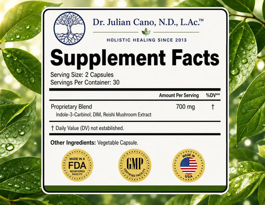 Estro-Detox Px3 supplement facts showing DIM (diindolylmethane) dosage — by Dr. Julian Cano N.D.