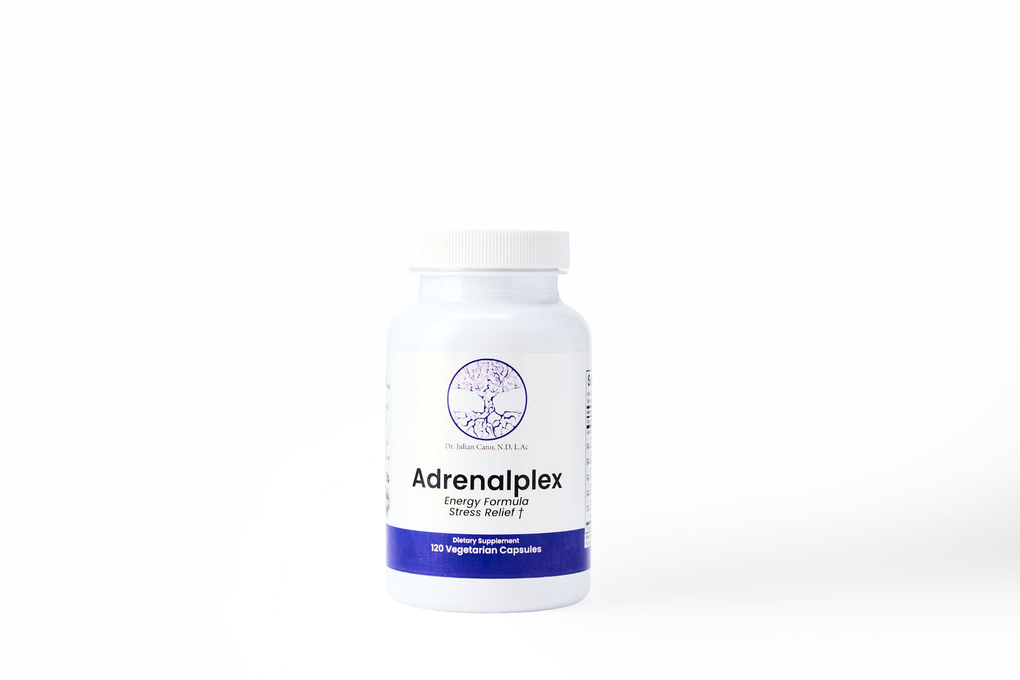 Adrenalplex supplement bottle labeled Stress Support Energy Support Dr Julian Canoo LLC