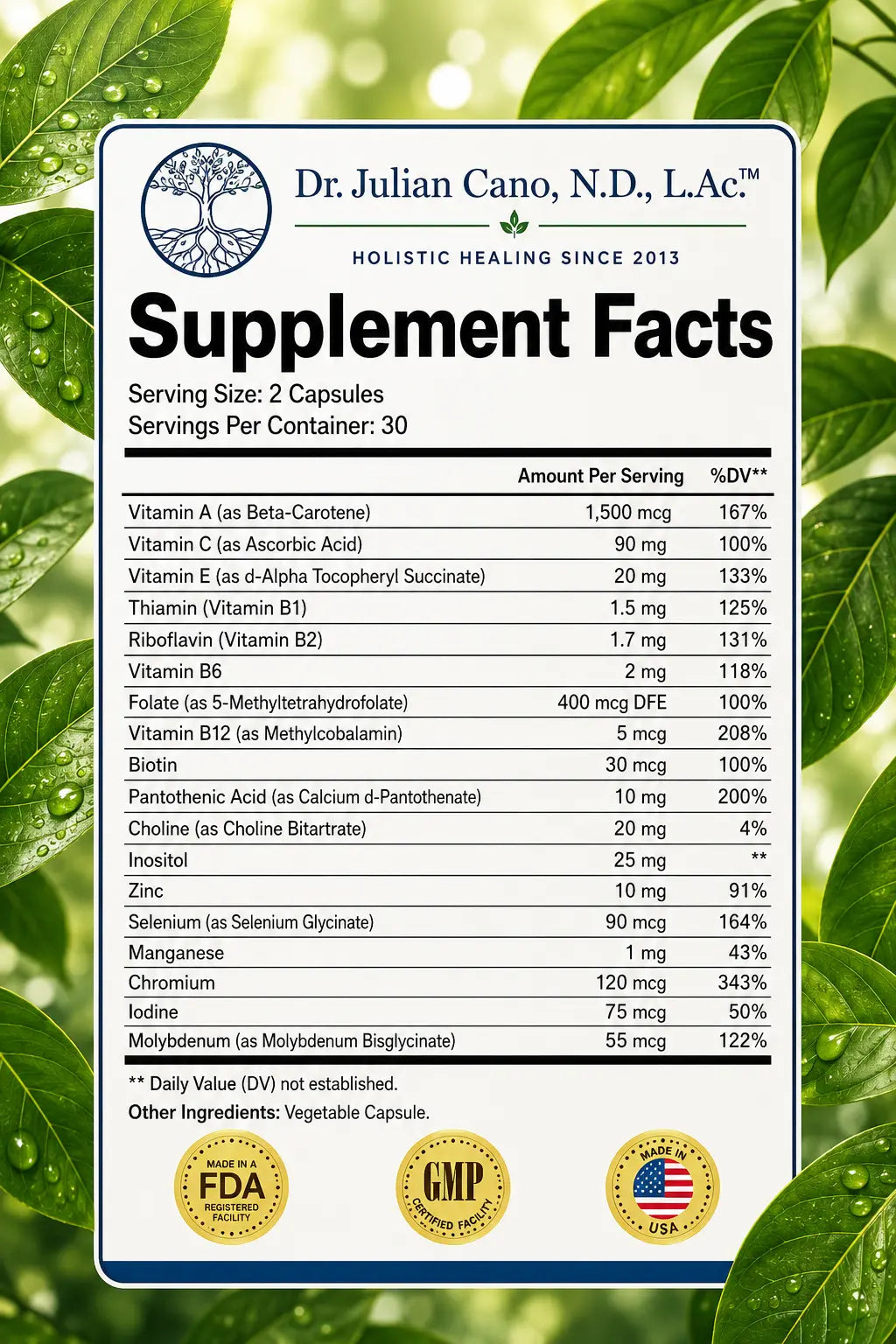 Vis Pro Daily Multivitamin supplement facts panel showing vitamins A, C, E, B-complex, Zinc, Selenium, and more — 2 capsules per serving, 30 servings per container — by Dr. Julian Cano