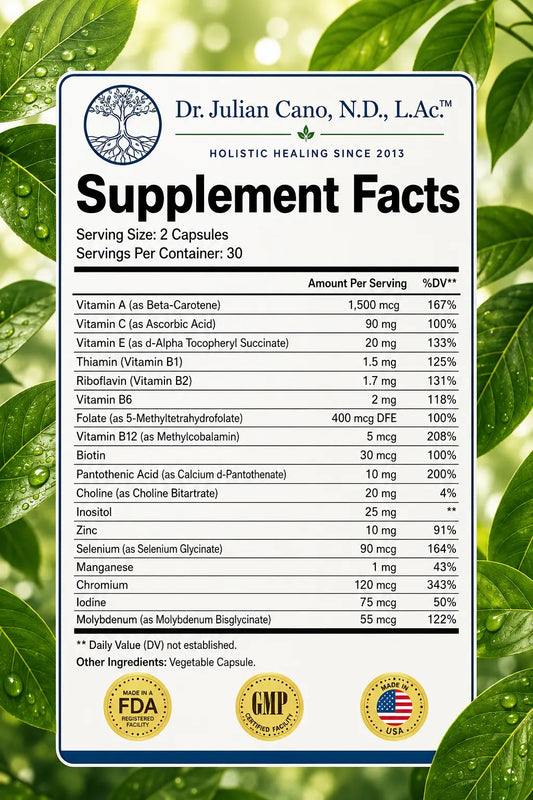 Vis Pro Daily Multivitamin supplement facts panel showing vitamins A, C, E, B-complex, Zinc, Selenium, and more — 2 capsules per serving, 30 servings per container — by Dr. Julian Cano