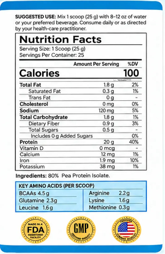 Complete Pea Protein nutrition label: 20 g protein and 100 calories per 25 g scoop, with 25 servings per container