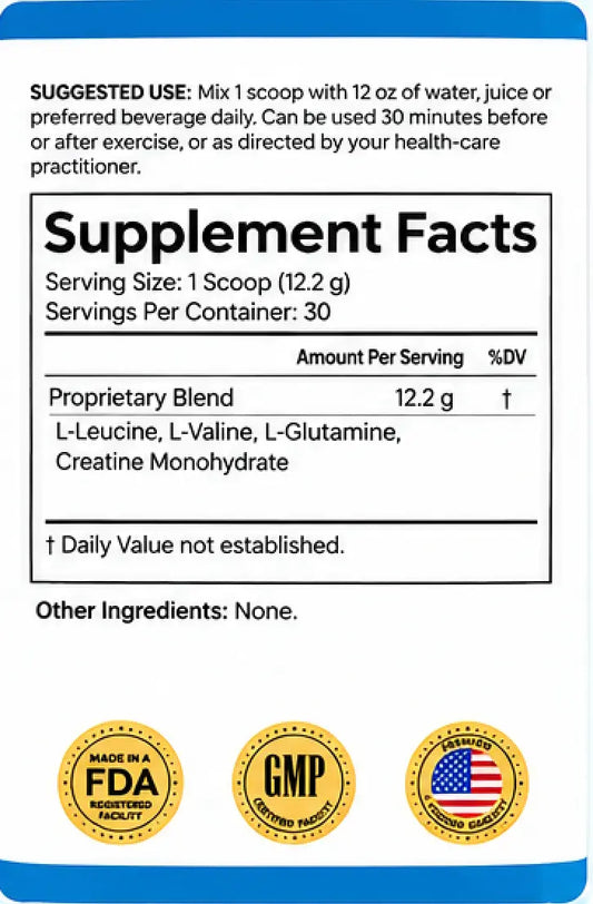 12.2 g per scoop, 30 servings, with L-leucine, L-valine, L-glutamine and creatine monohydrate.