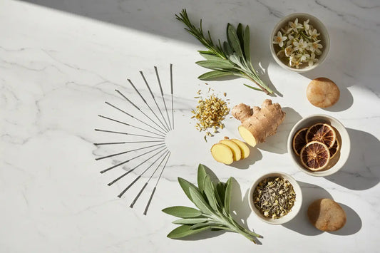 Acupuncture needles with herbs and botanicals flat lay for cardiovascular health