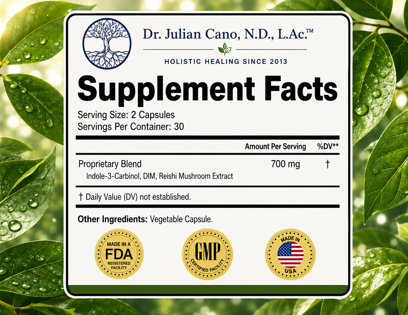 Estro-Detox Px3 supplement facts showing DIM (diindolylmethane) dosage — by Dr. Julian Cano N.D.