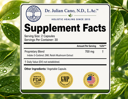 Estro-Detox Px3 supplement facts showing DIM (diindolylmethane) dosage — by Dr. Julian Cano N.D.