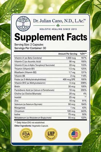 Vis Pro Daily Multivitamin supplement facts panel showing vitamins A, C, E, B-complex, Zinc, Selenium, and more — 2 capsules per serving, 30 servings per container — by Dr. Julian Cano