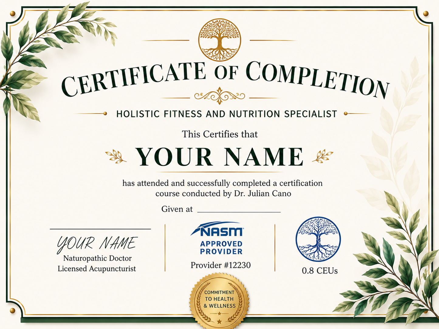 Certificate of Completion – Holistic Fitness and Nutrition Specialist by Dr. Julian Cano