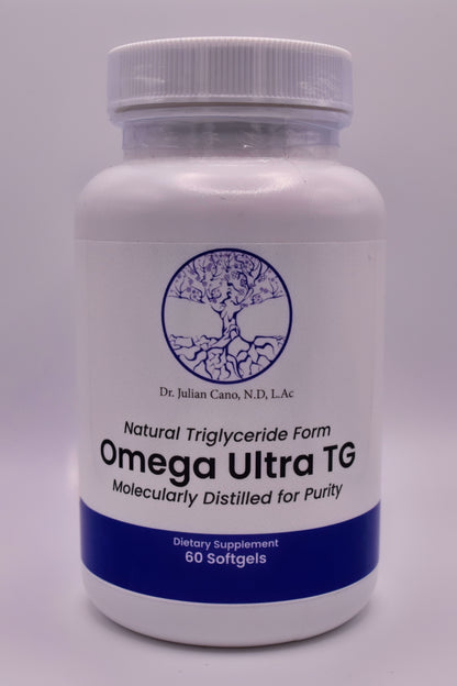 Omega Ultra supplement bottle labeled Cholesterol Support with omega-3 and anti-inflammatory blend